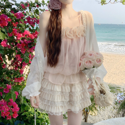 【DearYN】珠光纱花朵吊带背心