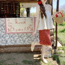 【Dear YN】复古红色小碎花半身裙夏雪纺面料清透显瘦高腰中长裙