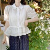 Dear 轻氧少女百搭木耳边下摆翻领短袖 衬衫 系带收腰上衣女