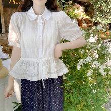 【Dear YN】轻氧少女百搭木耳边下摆翻领短袖衬衫系带收腰上衣女