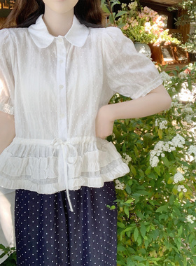 【Dear YN】轻氧少女百搭木耳边下摆翻领短袖衬衫系带收腰上衣女