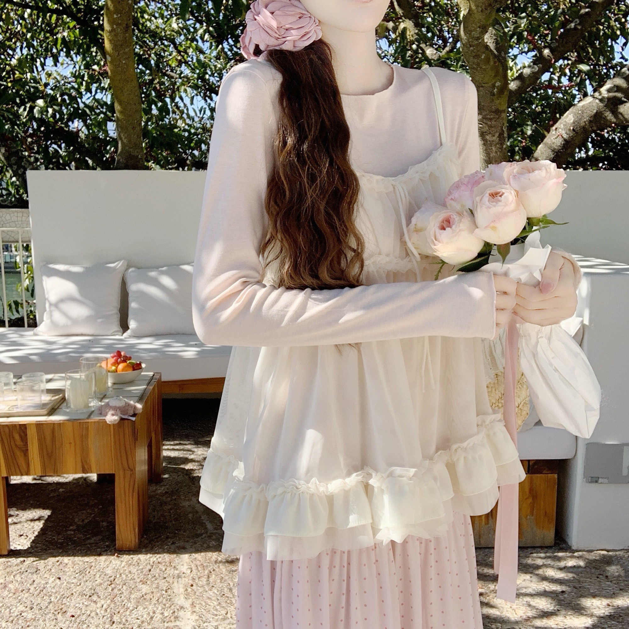 【Dear YN】甜美风粉色长袖圆领T恤木耳边花边吊带女春套装两件套