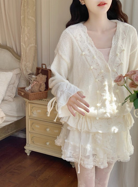 【Dear YN】温柔慵懒V领镂空抽绳针织衫花边袖马海毛软糯毛衣开衫