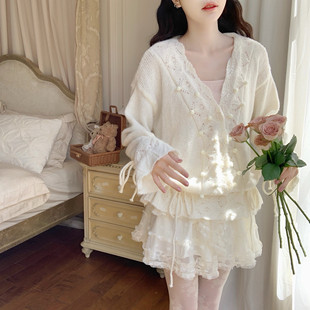 【Dear YN】温柔慵懒V领镂空抽绳针织衫花边袖马海毛软糯毛衣开衫