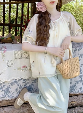 【Dear YN】新中式刺绣圆领流苏系带短袖衬衣宽松慵懒雪纺衫女新