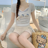 Dear 甜美正肩显瘦kt猫刺绣假两件修身 T恤棉质短袖 上衣女