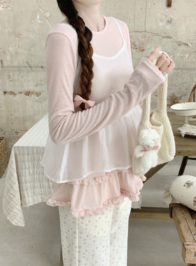 【Dear YN】韩系甜美木耳边纱质马甲背心宽松减龄娃娃衫上衣女秋