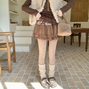 秋冬新款 咖色丝绒蓬蓬短裙蝴蝶结点缀蕾丝花边蛋糕裙 Dear