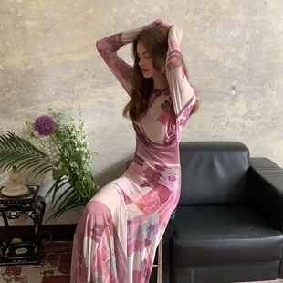 ZHUYIYI 茶歇系新款紫粉色碎花长袖春季连衣裙女早春设计感长裙