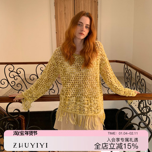 ZHUYIYI 早秋新款镂空手钩毛衣女修身显瘦设计感宽松百搭薄款