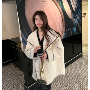 ZHUYIYI 白色双面羊绒大衣女短款小个子宽松毛呢外套女春秋宽松