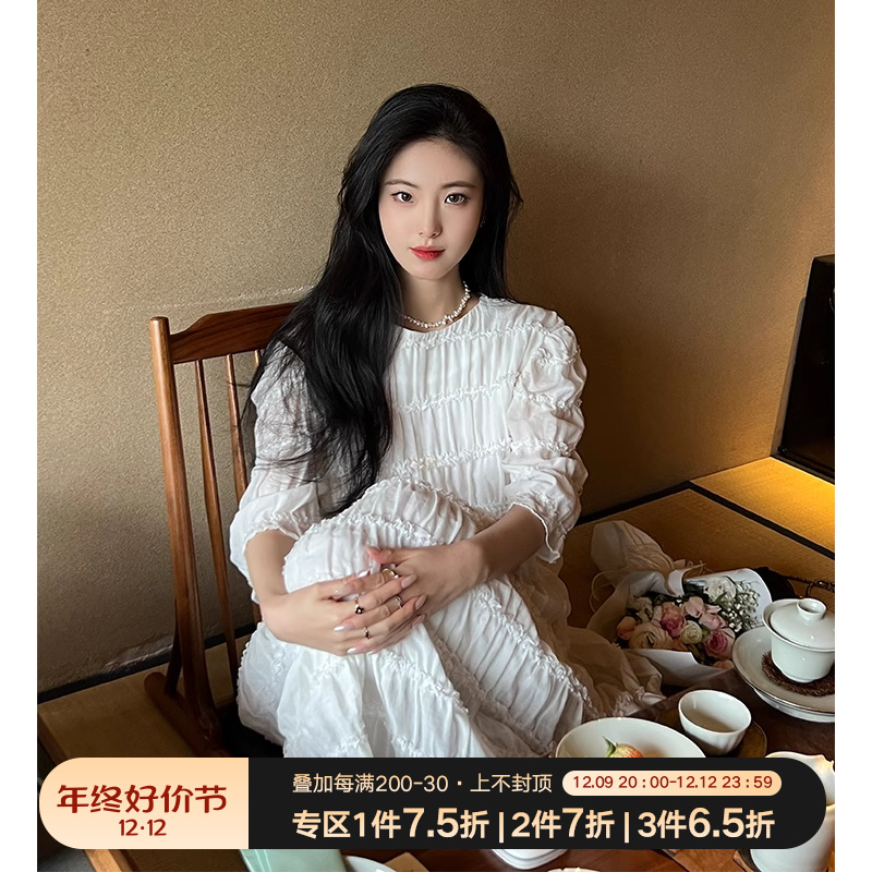 ZHUYIYI 2023春装新款白色韩系小众设计蕾丝花边慵懒风宽松连衣裙