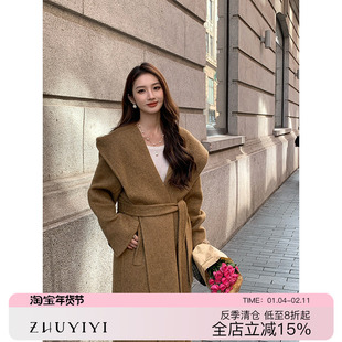 千金风姜黄色连帽系带手工双面羊绒大衣女冬加厚长款高端毛呢外套