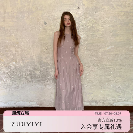 ZHUYIYI 绣花无袖薄纱连衣裙女夏长裙收腰显瘦圆领新款原创设计