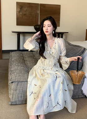 ZHUYIYI 早春新款新中式淡黄色抽褶连衣裙女V领气质收腰显瘦