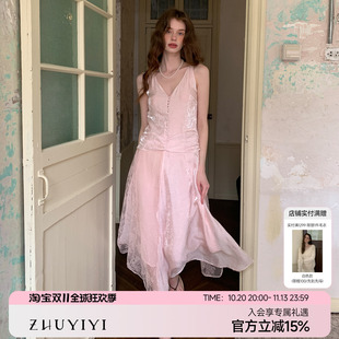 ZHUYIYI 新款法式春夏季薄纱蕾丝背心式连衣裙女春款原创设计长裙