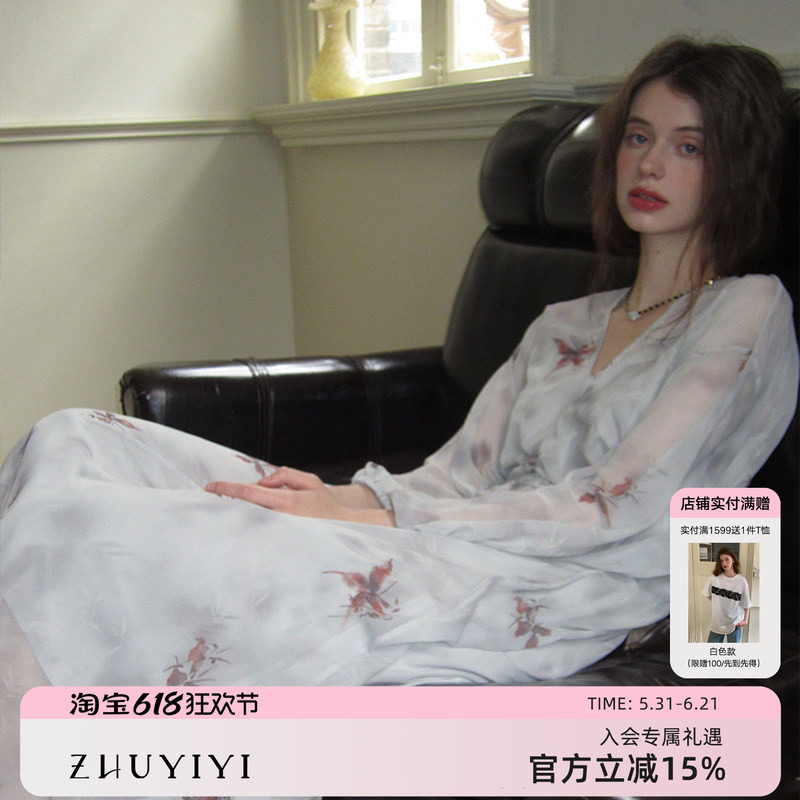 ZHUYIYI 原创印花收腰法式秋冬薄纱春季连衣裙女长裙附赠吊带新款