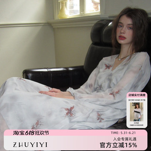 ZHUYIYI 原创印花收腰法式秋冬薄纱春季连衣裙女长裙附赠吊带新款
