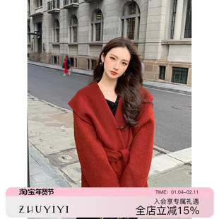 红色连帽系带羊驼毛双面羊绒大衣女2025冬短款宽松羊毛毛呢外套