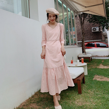 v领镂空长袖 连衣裙a字中长款 樱花粉色显瘦蕾丝裙女2019早秋装 新款