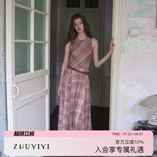 ZHUYIYI 新款格子无袖连衣裙女夏修身收腰显瘦设计感长裙