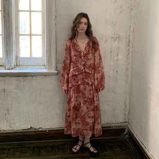 ZHUYIYI 早春新款法式印花宽松长袖春季连衣裙女款荷叶边领长裙