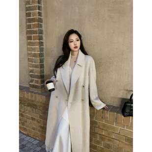 米白色双面羊绒大衣女2025早春新款中长款双排扣宽松休闲毛呢外套