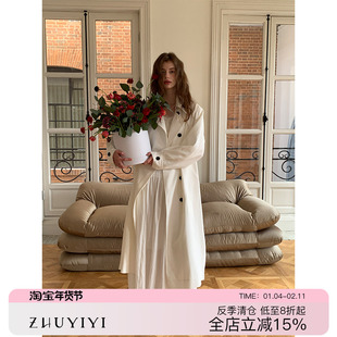 ZHUYIYI 白色长款单排扣棉麻风衣外套女早秋新款简约显瘦原创