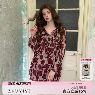 ZHUYIYI 新款高级感印花连衣裙女春季V领长袖短款修身显瘦原创