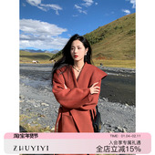 ZHUYIYI 枫叶红色大翻领双面羊绒纯手工大衣女冬羊毛毛呢大衣外套