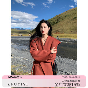 ZHUYIYI 枫叶红色大翻领双面羊绒纯手工大衣女冬羊毛毛呢大衣外套
