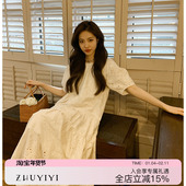 ZHUYIYI 重工刺绣蕾丝连衣裙女夏泡泡袖 宽松显瘦大裙摆白色长裙子