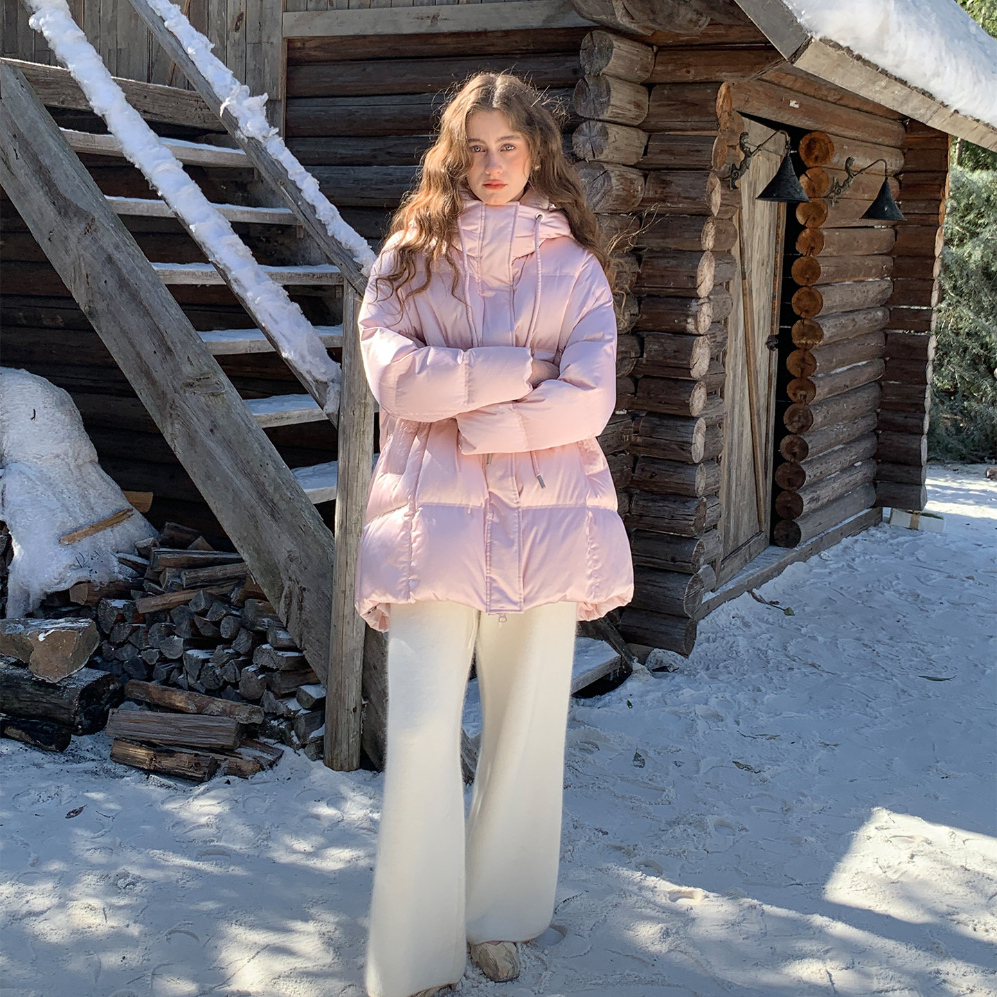 ZHUYIYI 新款白鹅绒冬季粉色桑蚕丝羽绒服女中长款设计感