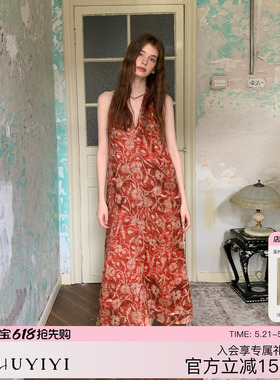 ZHUYIYI100苎麻印花高级感挂脖红色连衣裙女原创设计新款度假长裙