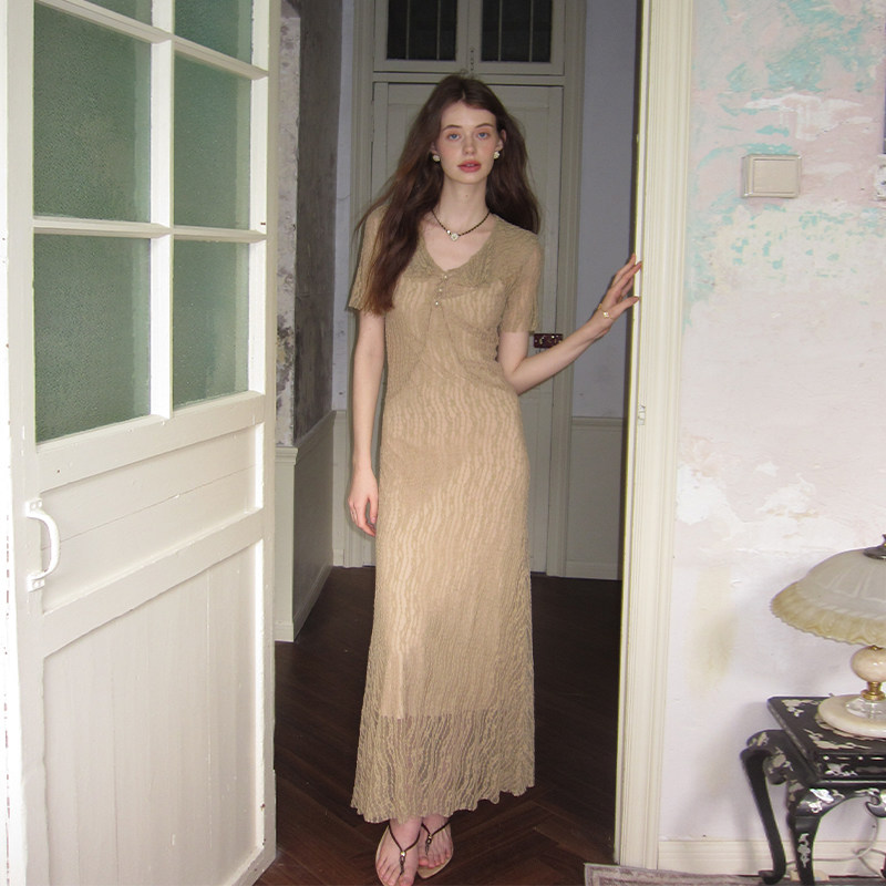 ZHUYIYI 卡其色新款蕾丝薄纱连衣裙女夏长裙原创设计收腰修身