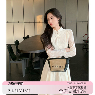 ZHUYIYI 新中式盘扣旗袍长袖白色连衣裙女初春气质收腰长款高级感