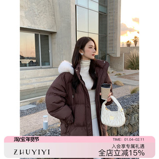 咖色长款羽绒服女2025冬季新款过膝加厚保暖狐狸大毛领白鹅绒外套