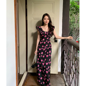 ZHUYIYI 优雅黑色碎花木耳边方领印花收腰连衣裙女长裙 2025新款