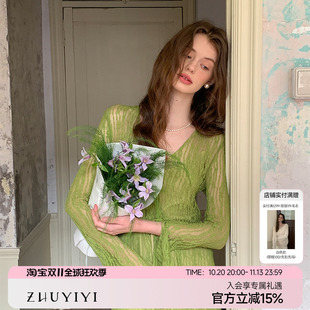 ZHUYIYI 蕾丝收腰显瘦长袖连衣裙女原创设计仙女长裙新款秋季