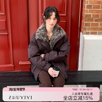 ZHUYIYI黑色秋冬翻领毛领羽绒服