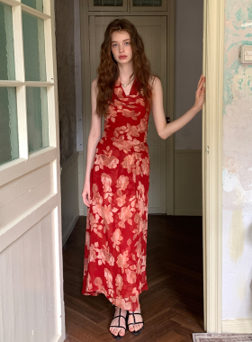 ZHUYIYI 新款法式荡领碎花无袖红色连衣裙女夏修身收腰显瘦长裙