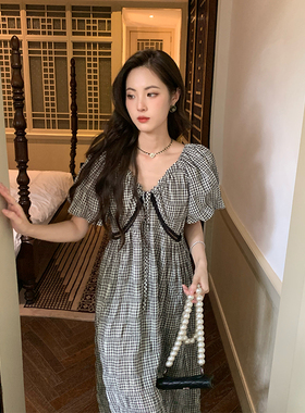ZHUYIYI 法式黑色格子连衣裙女夏季V领系带宽松显瘦长裙