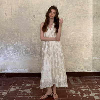 ZHUYIYI 醋酸白色挂脖无袖薄纱连衣裙女夏显瘦度假长裙露背性感