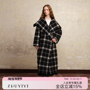 ZHUYIYI 大翻领格子手工双面羊绒大衣女秋冬高级感中长款毛呢外套
