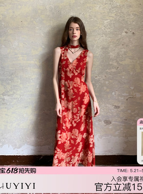ZHUYIYI 印花无袖红色连衣裙女夏新款收腰显瘦原创设计飘带高级感