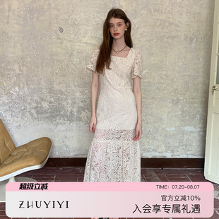 收腰方领原创设计长裙 ZHUYIYI 气质法式 短袖 蕾丝连衣裙女夏新款