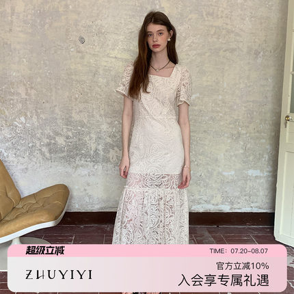 ZHUYIYI 气质法式短袖蕾丝连衣裙女夏新款收腰方领原创设计长裙