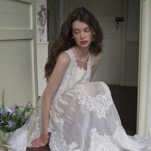 长裙 连衣裙女夏新款 ZHUYIYI 蕾丝刺绣真丝薄纱开叉显瘦白色法式