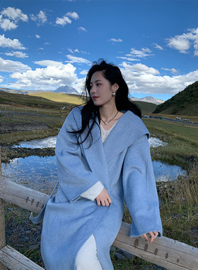 ZHUYIYI 纯手工羊毛连帽双面羊绒大衣女冬季气质宽松蓝色毛呢外套