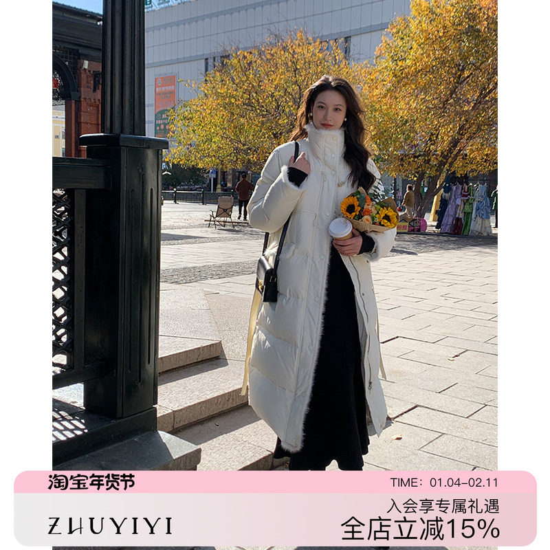 ZHUYIYI 白色水貂毛过膝长款90大白鹅绒加厚保暖秋冬羽绒服女外套